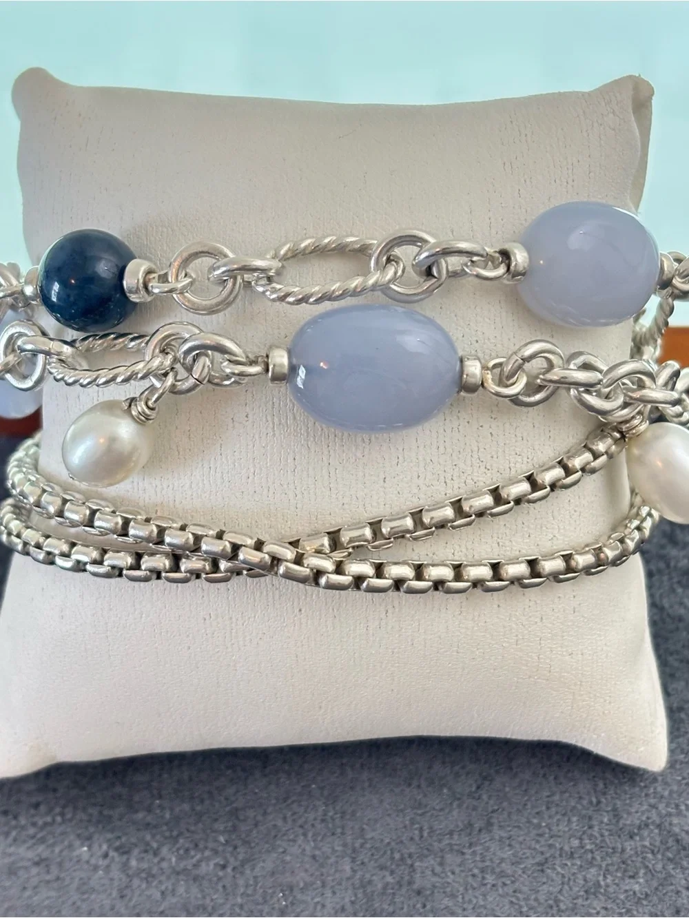 David Yurman Multi-Strand Bracelet with Chalcedony & Pearls 6.5-7" - Picture 1 of 9